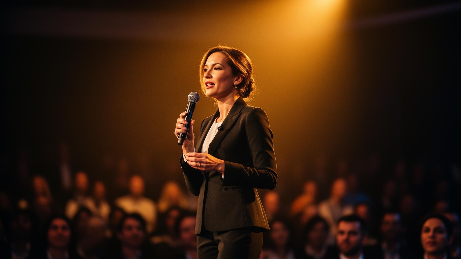 Confident woman speaker on stage at a business conference